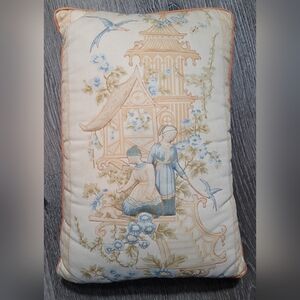 Vintage Chinoiserie Toile Pillow Pagoda Scene French Country Accent Cushion